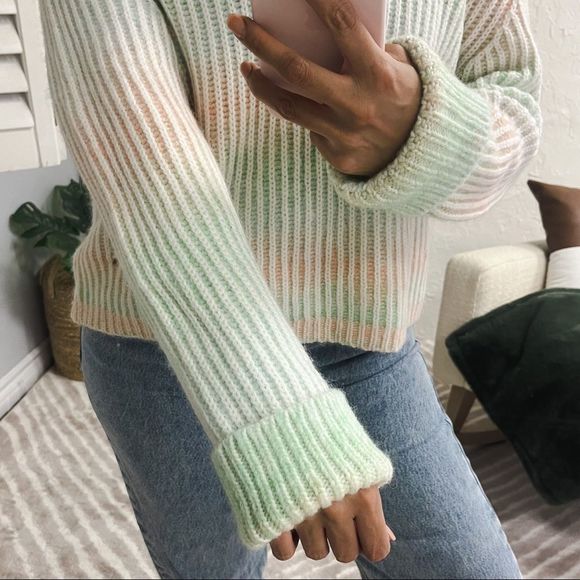 La Ligne Ribbed Space Dye Crew Pullover Sweater Cream Peach Seafoam Size Large - Picture 3 of 16